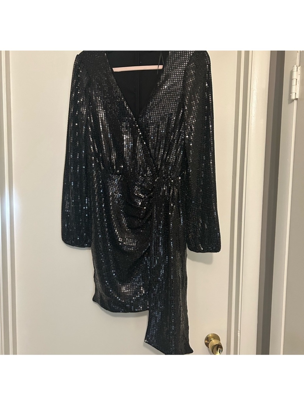 NWOT Vici Black Sequin Ruched Wrap Mini Dress